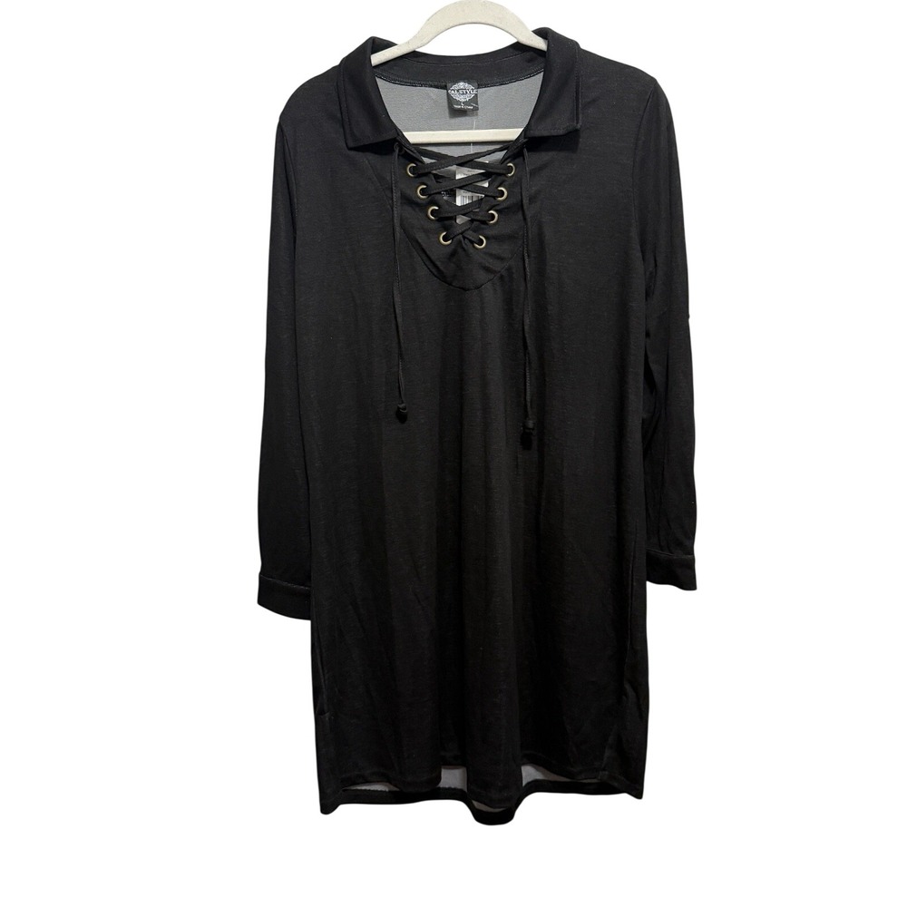 Cal Style Shirt Dress Women's L Black Lace Up Long Sleeve Neutral Classic NWT